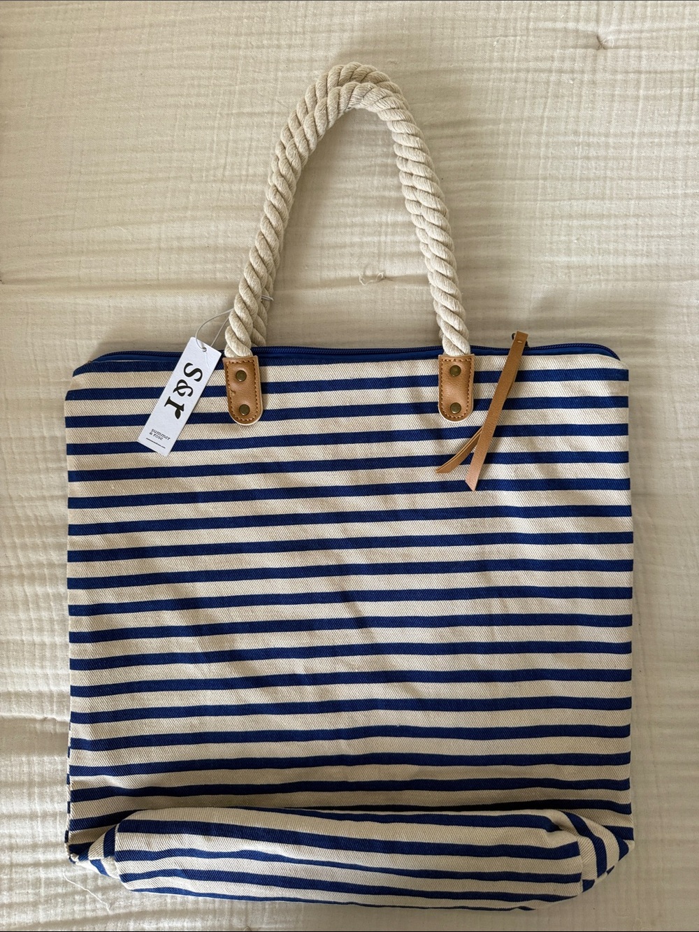 summer & rose Navy and Cream Striped Rope Tote